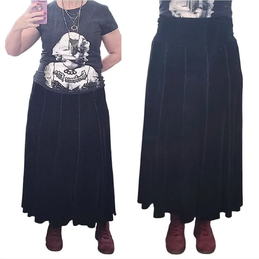 VTG Y2K Black Velvet Panelled Pull On‎ Whimsigoth Midi Skirt Large A Line Goth